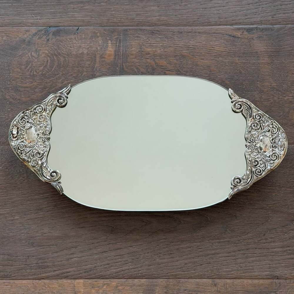 Godinger Silver Oval Vanity Mirror Tray Ornate Scroll Metal Handles & Feet